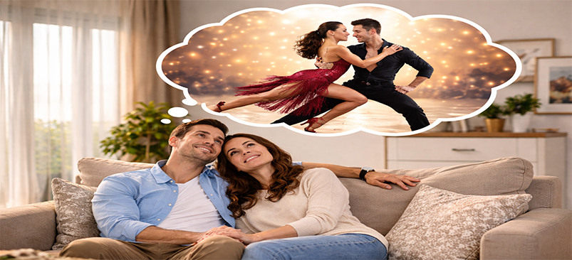 Couple sat on a chair dreaming of dancing