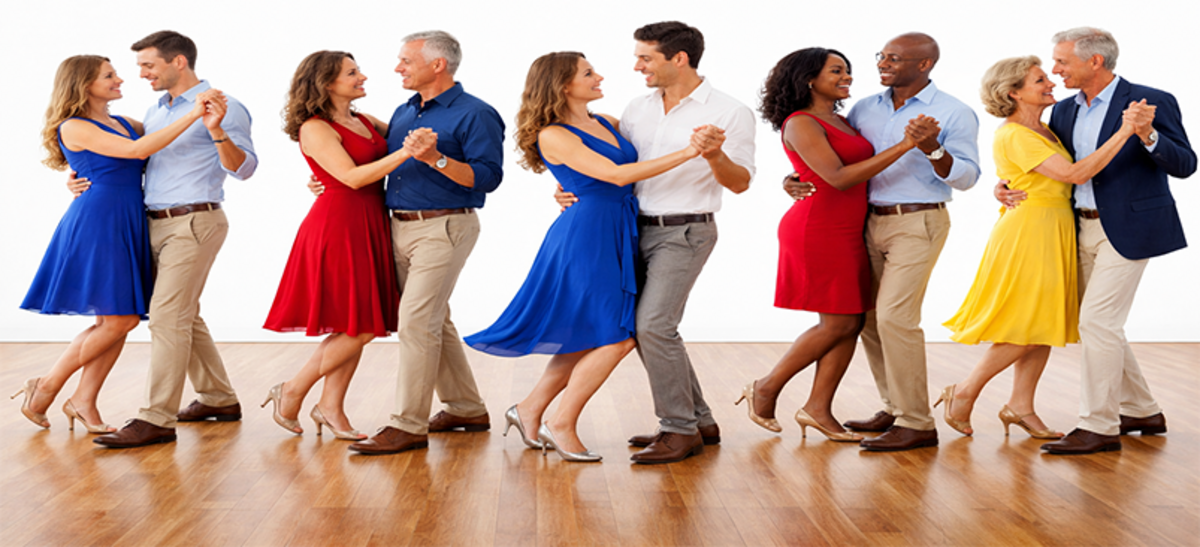 Group of people dancing together in a tall portrait-style composition